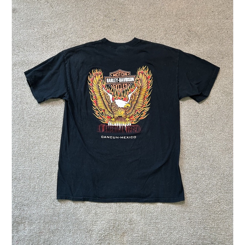 Vintage Harley-Davidson Motorcycles Cancun Mexico Flaming Bald Eagle T-Shirt XL